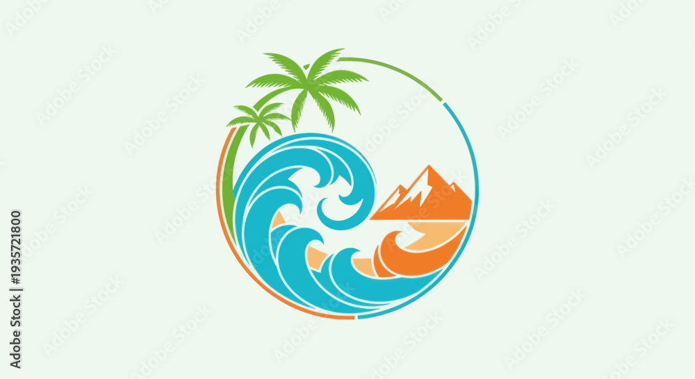 Fototapeta premium Tropical island paradise logo with ocean waves, palm trees, and mountain