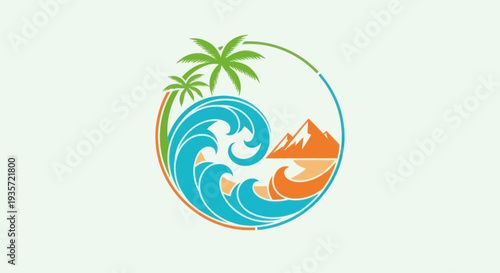 Tropical island paradise logo with ocean waves, palm trees, and mountain