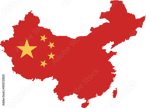China map silhouette with national flag design, red background, yellow stars, patriotic vector illustration, symbol of unity, geography, political identity representation