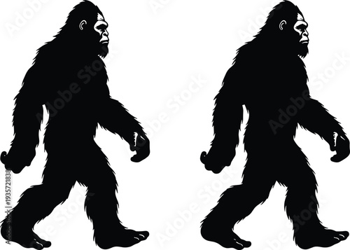 Bigfoot, sasquatch silhouette walking, cryptid creature vector illustration set, mysterious forest legend ape humanoid shadow, isolated design for logo, mascot, t-shirt print