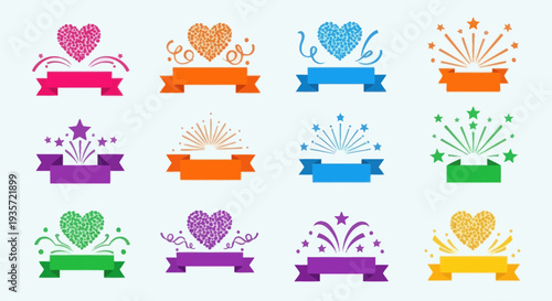 Celebration Heart Ribbons and Fireworks Icons Set