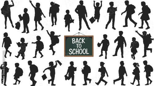 Back to school children silhouettes collection with backpacks and books, happy students isolated on white background education concept illustration