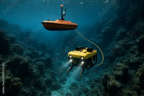 Cutting-edge autonomous underwater drone explores vibrant coral reef using advanced technology. This ROV navigates the deep ocean, discovering marine life and mysteries.