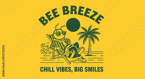 Cartoon Bee Relaxing on Tropical Beach Scene.