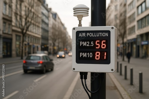 An air pollution monitor displays high PM2.5 and PM10 levels. This critical device is located on a busy city street, warning of unhealthy air quality.