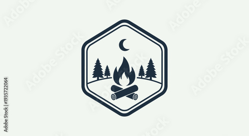 Campfire icon with moon, trees, and stars in a hexagon