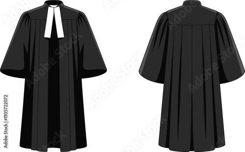 Black judge robe front and back view, traditional judicial gown isolated on white background for legal illustration
