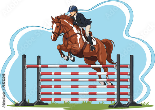 Equestrian show jumping competition illustration featuring rider and brown horse jumping over obstacle for sports and tournament concepts