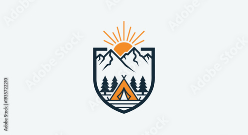 Mountain Camping Emblem: Tent, Trees, Sun and Peaks - Outdoor Adventure Logo