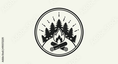 Campfire with Pine Trees Emblem, Outdoor Adventure Emblem