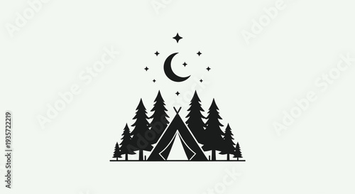 Night camping silhouette: tent, pine trees, moon and stars.