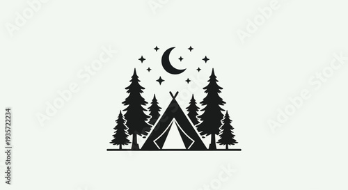 Night Camping Scene: Tent, Pine Trees, Moon, and Stars Silhouette