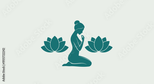 Silhouette of a woman meditating in lotus pose between two water lilies on a light gray background.