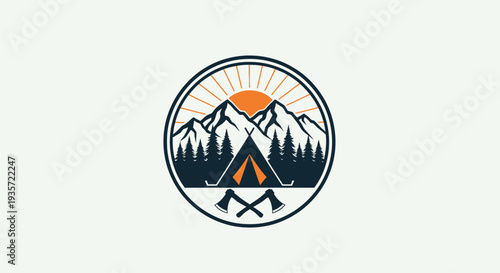 Mountain Camping Adventure Emblem with Tent, Axes, and Sunrise