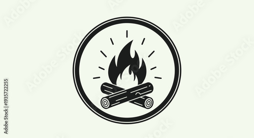Campfire icon: black and white illustration of a burning campfire inside a circle.