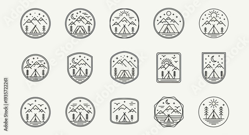Minimalist Mountain Camping Icons Set: Tents, Trees, Sun, Moon, Stars