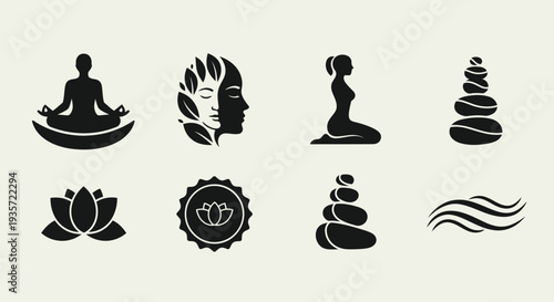 Wellness Icons: Yoga, Meditation, Spa, Lotus, Stones, Face, Waves