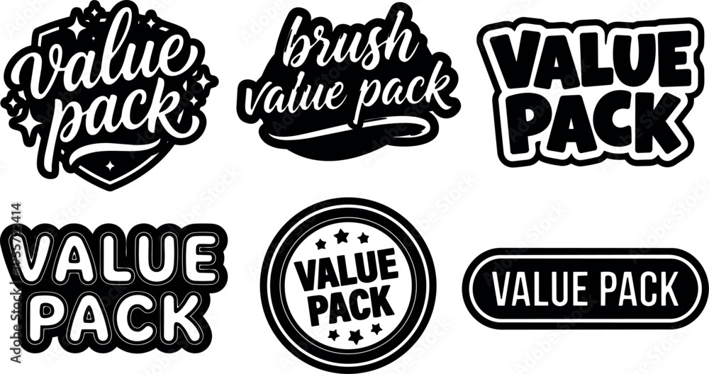 Fototapeta premium Flat design badge collection six value pack labels round shield script brush bold block retro sticker set outline monochrome vector