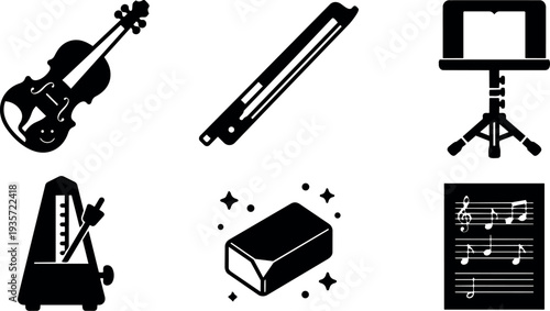 Flat design close up violin bow metronome music stand rosin and sheet music icons arranged on white background minimalist black