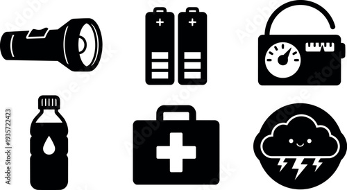 Flat design survival kit icons set flashlight batteries radio water bottle first aid kit storm cloud with lightning simple black