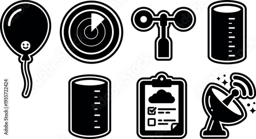 Flat sticker vector icon set of balloon radar anemometer measuring cylinders clipboard cloud checklist and satellite dish black white simple