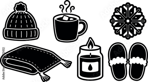 Minimalist cozy winter icons beanie hot drink candle slippers blanket snowflake flat vector set for social media print branding seasonal