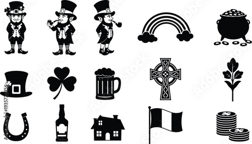 Black and white silhouette images of st patrick's day symbols and icons including leprechauns rainbow and shamrocks silhouette