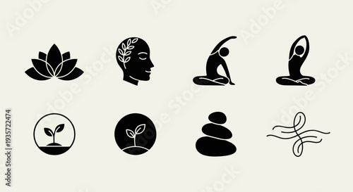 Holistic wellness icons: lotus, head, yoga, plant, stones, swirl