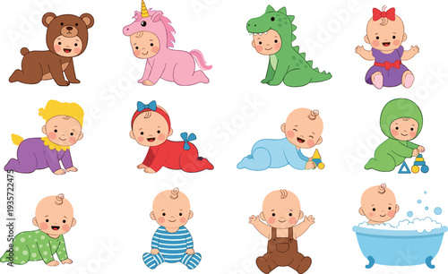 Cute Baby Characters Collection with Costumes, Crawling, Sitting and Bath Time Cartoon Vector Illustration Set