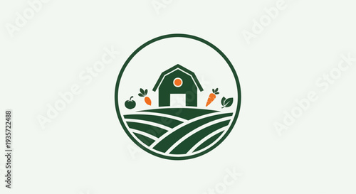 Farm Barn and Vegetables Logo Icon with Rolling Hills and Fields