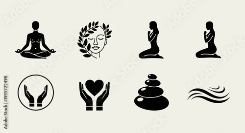 Wellness and Spa Icons: Yoga, Meditation, Massage Stones, Heart, Waves