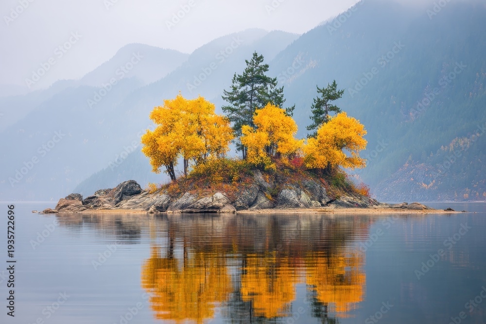 Naklejka premium Small island with yellow trees on calm lake with mountains