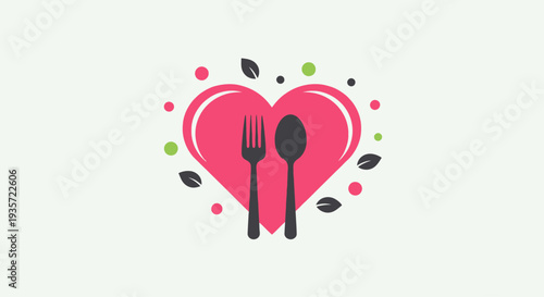 Healthy Food Heart Logo: Fork and Spoon with Leaves