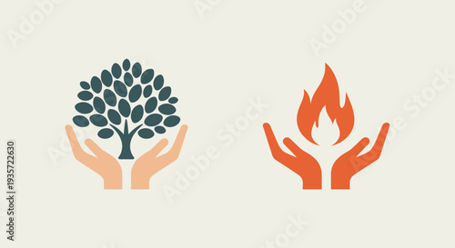 Hands Protecting Tree and Fire Icons