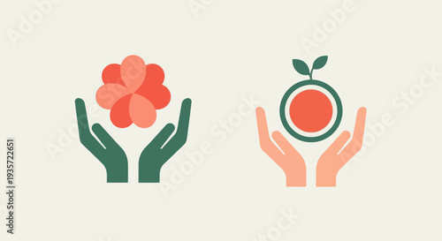 Hands holding flower and sprout icons, representing growth, care, and nature