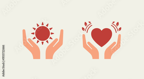 Hands holding sun and heart icons, symbolizing care, protection, and well-being