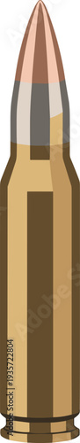 Detailed rifle cartridge vector illustration with brass casing, copper bullet tip, full metal jacket ammunition design, weaponry concept, ballistics reference, firearm component