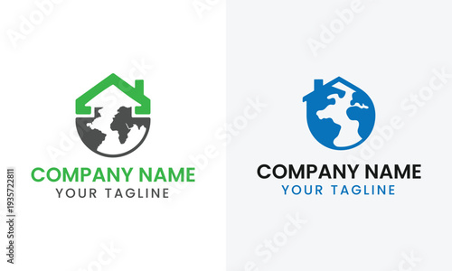 A modern logo design featuring a globe encompassed by a house shape representing global real estate high quality
