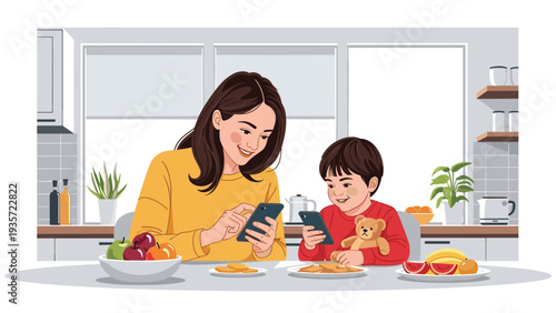 Digital lifestyle and parental guidance as a mother and her young son use smartphones together in their home kitchen.