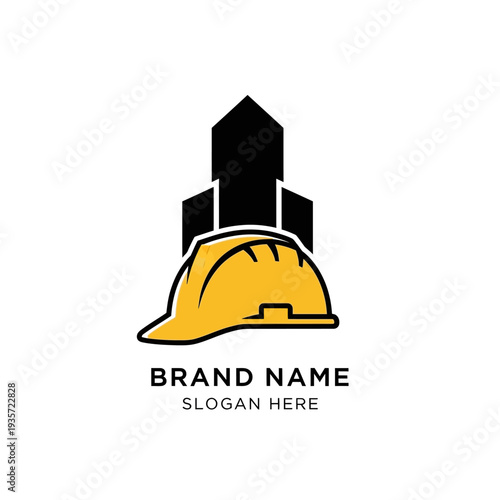 Construction Company Logo Template with Hard Hat and Building Silhouette.
