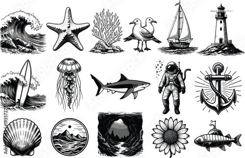 Detailed black and white vintage woodcut illustration set featuring ocean waves, lighthouse, sailboat, sea creatures like sharks and jellyfish, anchor, and deep sea diver.