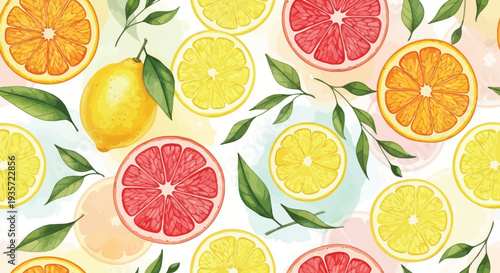 Bright Seamless Summer Pattern featuring Fresh Citrus Fruits and Green Leaves. Vibrant Vector Background with Lemon, Orange, and Grapefruit Slices for Refreshing Tropical Theme
