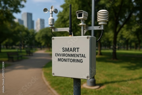 This smart environmental monitoring system stands in a green urban park. It collects data for sustainable city living and improved public spaces.