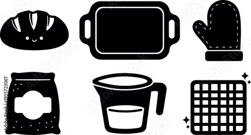 Flat design close up baking icons set showing smiling loaf baking tray oven mitt flour bag measuring cup cooling rack