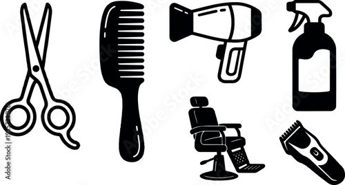 Flat design black barber tools set showing scissors comb hairdryer spray bottle barber chair and trimmer in simple layout vector