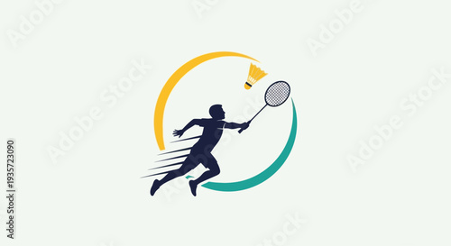 Badminton player silhouette jumping to hit shuttlecock with racket, sport logo idea