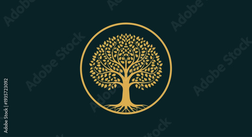 Golden Tree of Life in Circle Emblem Logo, Dark Green Background