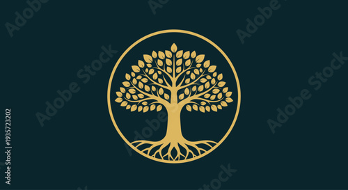 Golden Tree of Life Symbol in Circle on Dark Teal Background
