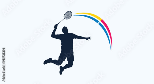 Badminton player silhouette jumping and hitting shuttlecock with colorful arc.