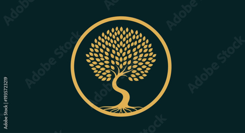 Golden Tree of Life in Circle Emblem on Dark Teal Background